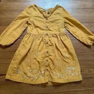 Beebay yellow corduroy long sleeve woodland embroidered button up dress SIZE 6